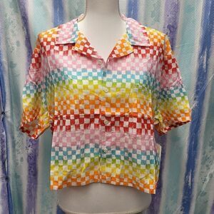 BP. Nordstrom white rainbow arcade check cropped boyfriend shirt NWT med…